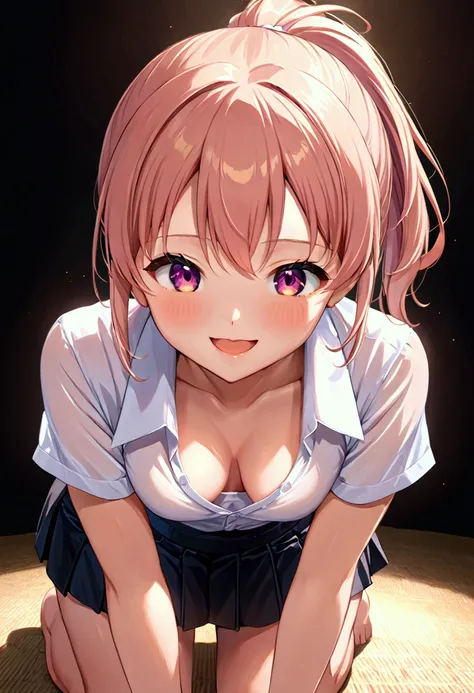 8K, detailed-anime, (cute short girl:1.5), (face focus:1.2), open mouth smile, blush, small breasts, (hanging_breasts, breasts_apart), white collared shirt, black skirt, leaning forward, (wariza:1.2), black-background, dynamic-lighting, ponytail, deep down...