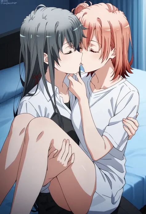 , princess carry, lying on person, sitting, hand on another's chin, 2girls, yuri, looking at another,, bedroom, on bed, [yukinoshita yukino], holding, [yuigahama yui] , ,,,,closed eyes,,,,, deep kiss