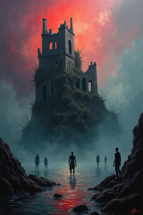 *"A haunting, surreal oil painting of a cursed island, shrouded in thick, ghostly mist. The island is surrounded by dark, swirling waters, with jagged rocks protruding like skeletal fingers. The sky is painted in ominous shades of deep red and purple, with...