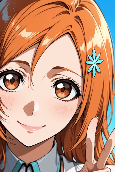 masterpiece, best quality, amazing quality, very aesthetic, absurdres, newest, scenery,highly detailed,high-resolution,close-up portrait,female,woman,inoue orihime,bleach,orange hair,long hair,brown eyes,fair skin,glossy texture,pink lips,white collared sh...