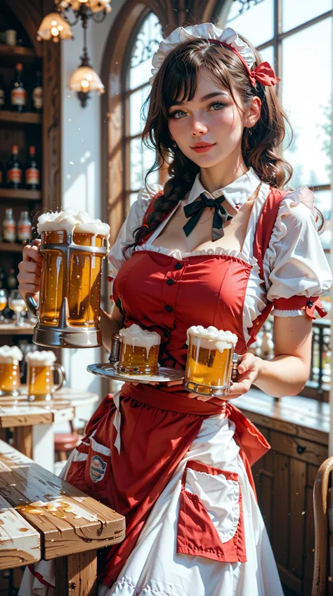  1girl ，Alone，Beer waitress ， wears traditional German costumer women's clothing，apron， Fluffy Short Sleeve ，Beer mug，