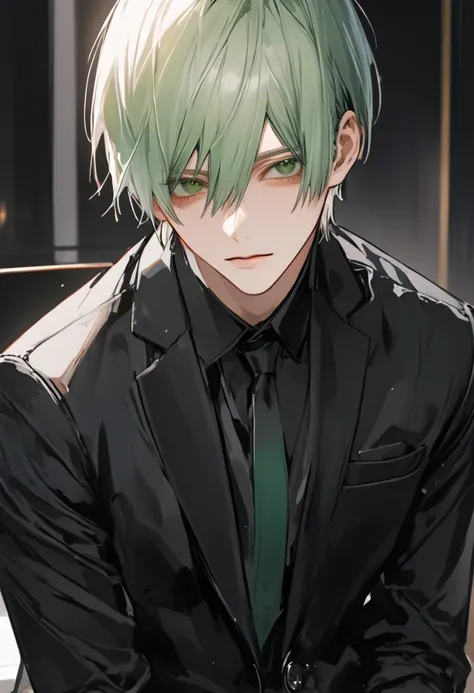 Yuto Sano, kaneki , 1st son,  is looking at the audience, handsome, sharp eyes, Solo, masterpiece,  best quality,  High Details ,  eyes with raised corners,  handsome, 20 year old male,  handsome, 20 year old male,  short white hair ,  Green Eyes , black s...