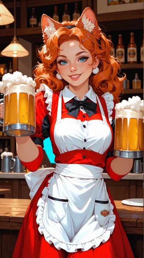  1girl ，Alone，Beer waitress ， wears traditional German costumer women's clothing，apron， Fluffy Short Sleeve ，Beer mug，