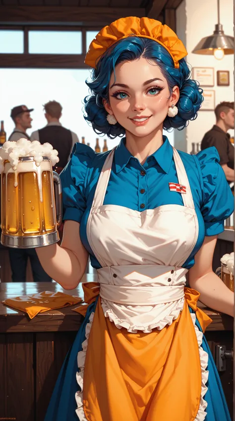  1girl ，Alone，Beer waitress ， wears traditional German costumer women's clothing，apron， Fluffy Short Sleeve ，Beer mug，