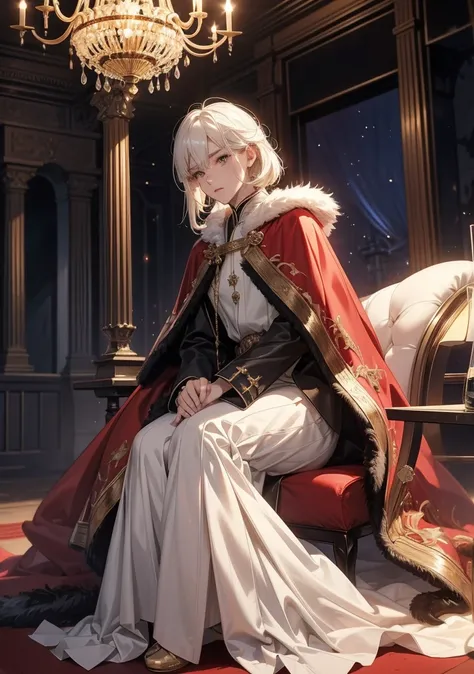  top quality。 detailed depiction of up to the front door。The solemn throne in an old castle。 cool and handsome adult man、((One adult man ))。 well-groomed 。 Bangs Over Your Ears and a Casual, Rough Hairstyle、((male medium hair))、(( pale white blonde with a ...