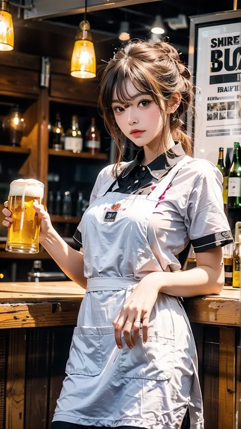  1girl ，Alone，Beer waitress ， wears traditional German costumer women's clothing，apron， Fluffy Short Sleeve ，Beer mug，