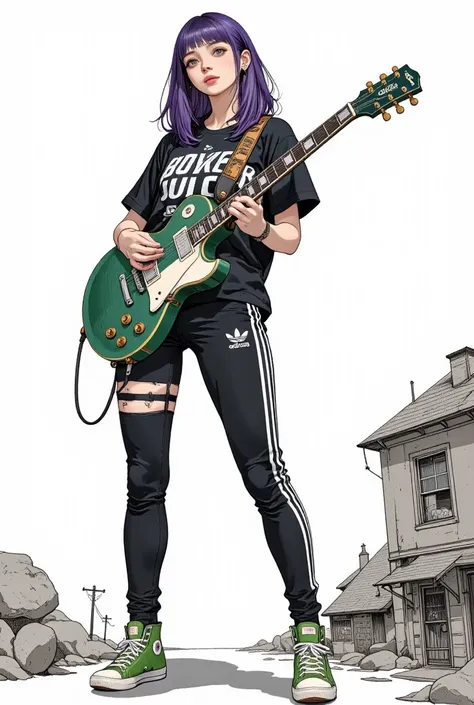  flat large general   full body ,  center and distant image ,    dirty pussy juice     :1.52, ((   Donnie    :1.5)),    view camera medio profile spooky purple hair ,     Donnie     ， beautiful and charming girl，  plays dark green Gibson Les Paul with whit...