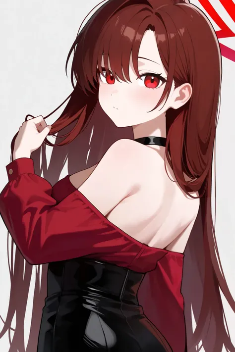 1 girl, Hair length reaches the back, Brown hair and red hair on the edges of the hair, red eyes, but not bright, wear a sexy outfit, หน้าอกไซส์ปานกลาง, have a red halo