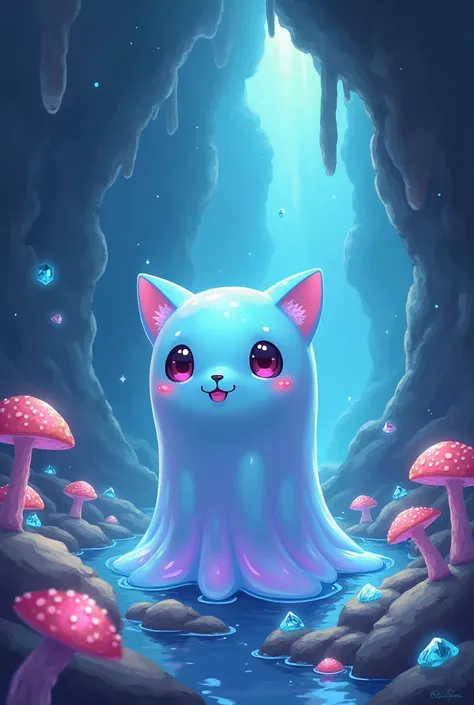  anime style. A small intelligent slime with beaded eyes and a cat's mouth against the background of a magical cave