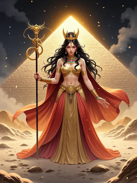 A powerful Egyptian witch standing in front of a massive ancient pyramid, wearing a golden and crimson gown adorned with intricate hieroglyphic patterns and flowing veils, her crown made of golden cobras and sun symbols, her eyes glowing with the fiery lig...