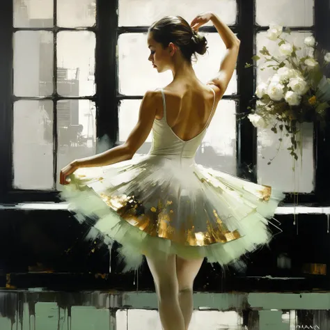 painting of A YOUNG BALLERINA, BALLET STEP, DANCING,, with WHITE dress, and gold, and black background, light green and beige tones,, WINDOWS, CUTINES,, many flowers,,,,, erect posture, sexy painting, erect body , jeremy mann style, jeremy mann art, jeremy...