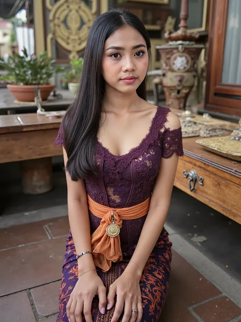 Indonesian girl in old house, full body photo, brown skin, tanned skin, sexy kebaya, long skirt, slim body, ((Madura batik: 1.4)) (big breast : 1.8), crawling on floor, posing doggy style, ((naughty pose)), very long black hair, ((tight dress)), sexy body