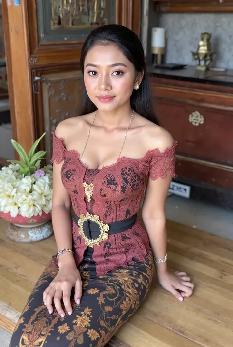 Indonesian girl in old house, full body photo, brown skin, tanned skin, sexy kebaya, long skirt, slim body, ((Madura batik: 1.4)) (big breast : 1.8), crawling on floor, posing doggy style, ((naughty pose)), very long black hair, ((tight dress)), sexy body