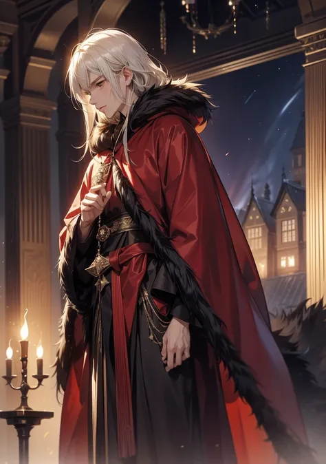  top quality。 detailed depiction of up to the front door。The solemn throne in an old castle。 cool and handsome adult man、((One adult man ))。 well-groomed 。 Bangs Over Your Ears and a Casual, Rough Hairstyle、((male medium hair))、(( pale white blonde with a ...