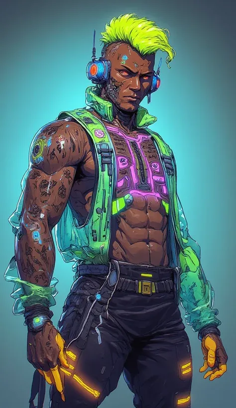 Man 1.78 m tall, athletic and with moving hologram tattoos. Of brown skin, covered in sound wave tattoos. Neon green Mohawk hair with electroluminescent tips. Eyes with dilated pupils, with concentric colored rings. Chip in the back of the head connected t...