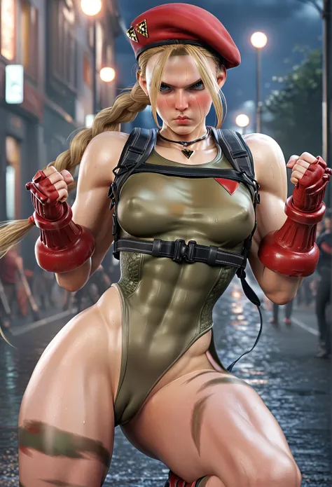 score_9, score_8_up, score_7_up, Girl's profile picture, realistic skin texture, detailed picture, HD32k, 1girl, solo,medium breasts,,cammySDXL,blue eyes, blonde hair, red braid, red fingerless gloves, leotard, lips, muscular, beret, scar on face, camoufla...