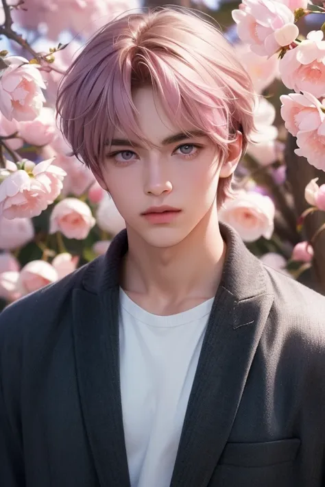 boy, handsome face, pink shaggy layer hair, purple eyes, spring clothes style, spring background, looking at the viewer,