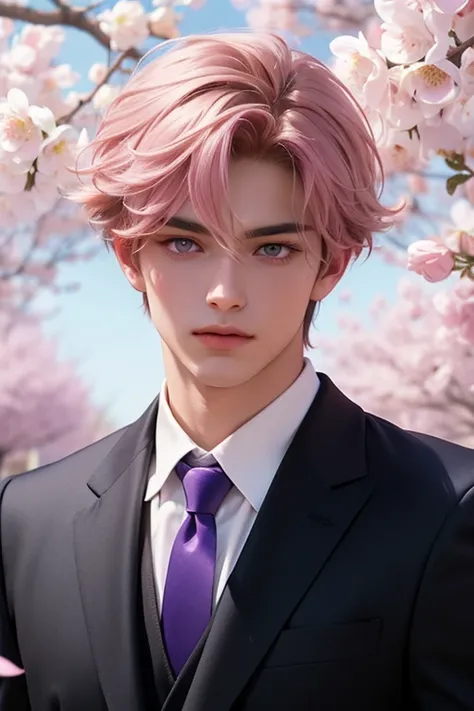 boy, handsome face, pink shaggy layer hair, purple eyes, spring clothes style, spring background, looking at the viewer,