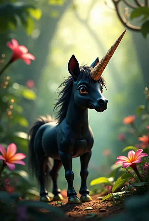 A unique black unicorn with glittery sharp Ham And he is small  in beautiful jangal 