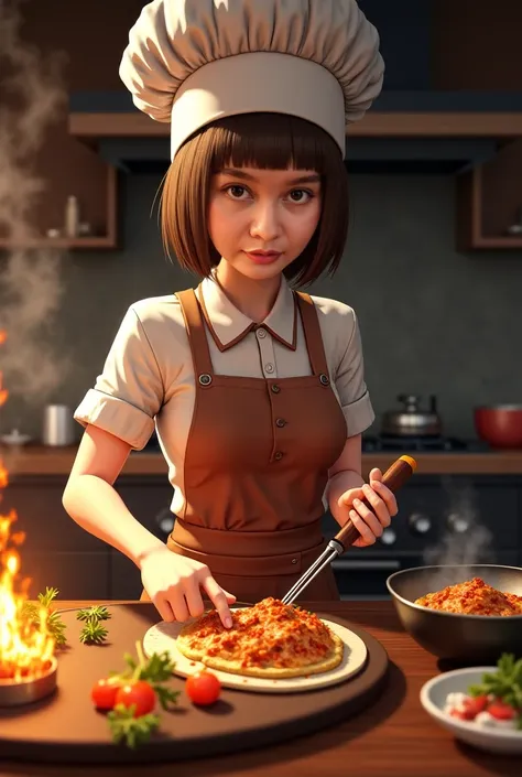 (highres,masterpiece:1.2),ultra-detailed,realistic,photorealistic:1.37,beautiful detailed eyes,beautiful detailed lips,extremely detailed eyes and face,long eyelashes,1girl,cooking,traditional kitchen,wooden stove,flames,apron,chef hat,focused expression,s...