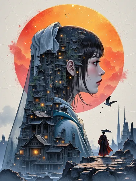 Captivating double exposure image, blending together a post apocalyptic ruined city and the profile of woman dressed in long veils, The ruined city should serve as the underlying backdrop, with its details subtly incorporated into the contours of the perso...