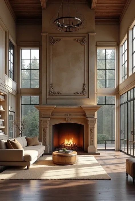 Extensive view of where a traditional fireplace with kitchen appliances is attached to the wall 