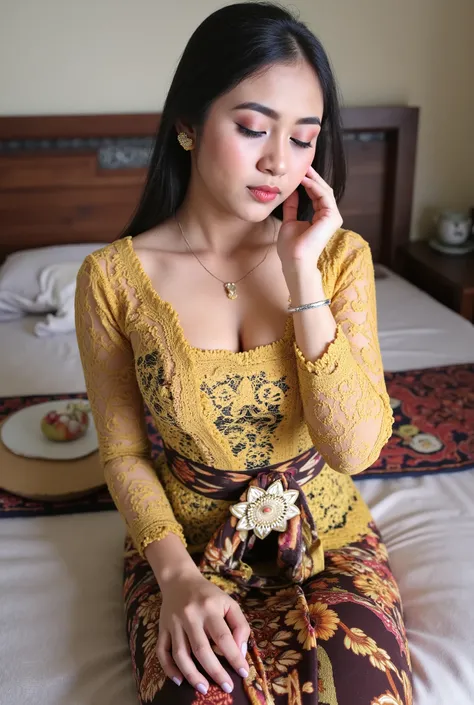 Indonesian girl on bed, sleeping, full body photo, brown skin, tanned skin, sexy kebaya, long skirt, slim body, ((Madura batik: 1.4)) (big breast : 1.8), crawling on floor, posing doggy style, ((naughty pose)), very long black hair, ((tight dress)), sexy b...