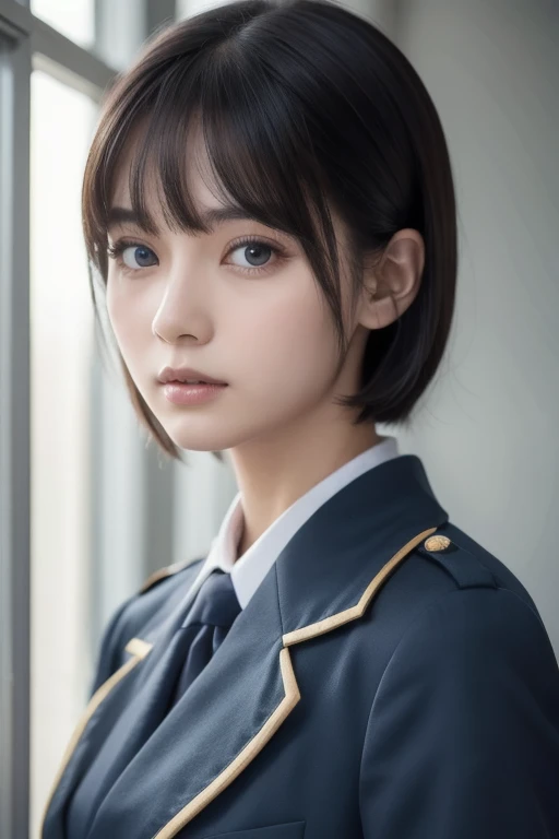 ( Highest Resolution , clear_ images) best quality , single person , one woman, Alone, Masterpiece, very detailed, semi-realistic , Short Black Hair , black hair, bangs, 18 years old, mature, light blue uniform, uniform, Indoor Background, kind, Dignified,...