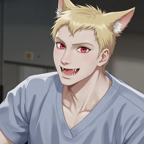 A red-eyed blond Caucasian man, charismatic smile and vampire fangs with hospital clothes. smile,  high resolution sweatshirt, Alone,  short hair , Ojos rojos, Teeth,  wolf ears, 