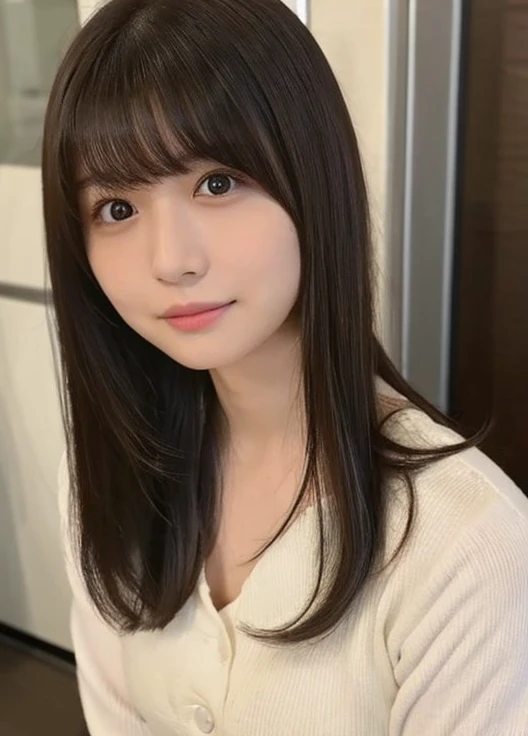  very detailed,  photo-like portrait of a young woman in her 20s 。face:
Inverted triangle outline、Sharp jaw:1.8、 thin eyebrows、知的なface立ち
大きな目と高い鼻
目:
 brown eyes、 hairstyle with delicate highlights and gently shining eyes:
medium length、 bangs cut at an ang...