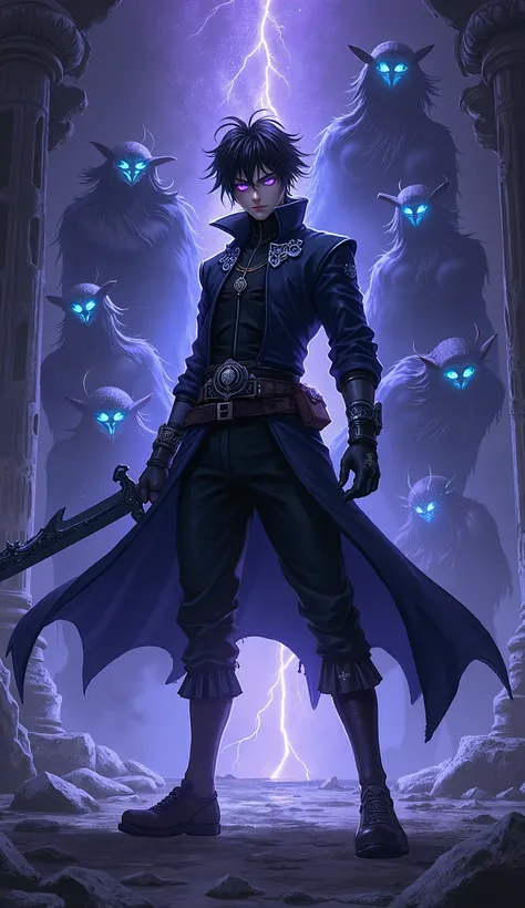 Prompt:
"A powerful anime-style illustration of Sung Jin-Woo from Solo Leveling. He stands in the center, wearing his signature black hunter outfit, surrounded by a dark aura with glowing blue runes. His eyes glow purple with intense determination, and his...