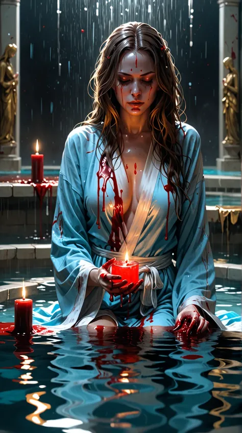 Female Ange clutching a light in her hands that shines as her blood flows from her eyes her expresion Sorrowfull her skin light blue as she sits in a endless pool off blood serounded by s wearing Blood soked long linin robe her hair long and golden her eye...