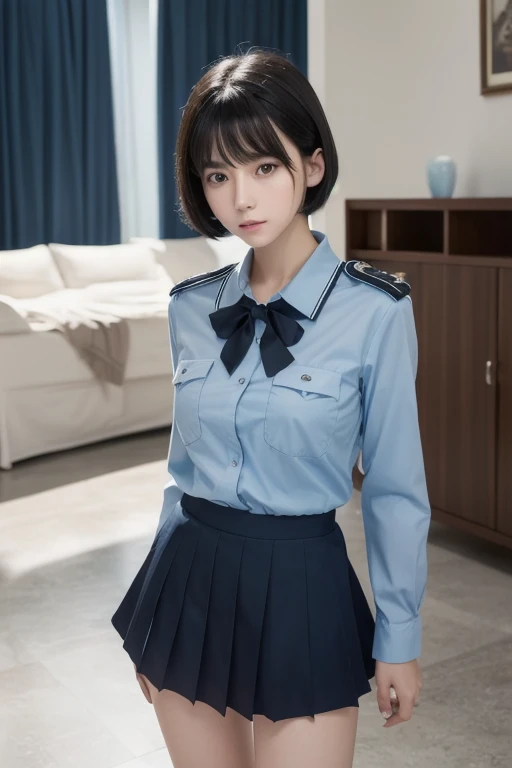 ( Highest Resolution , clear_ images) best quality , single person , one woman, Alone, Masterpiece, very detailed, semi-realistic , Short Black Hair , black hair, bangs, 18 years old, mature, light blue uniform, uniform, Indoor Background, kind, Dignified,...