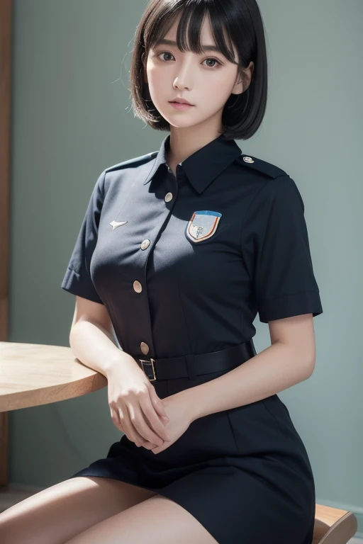 ( Highest Resolution , clear_ images) best quality , single person , one woman, Alone, Masterpiece, very detailed, semi-realistic , Short Black Hair , black hair, bangs, 18 years old, mature, light blue uniform, uniform, Indoor Background, kind, Dignified,...