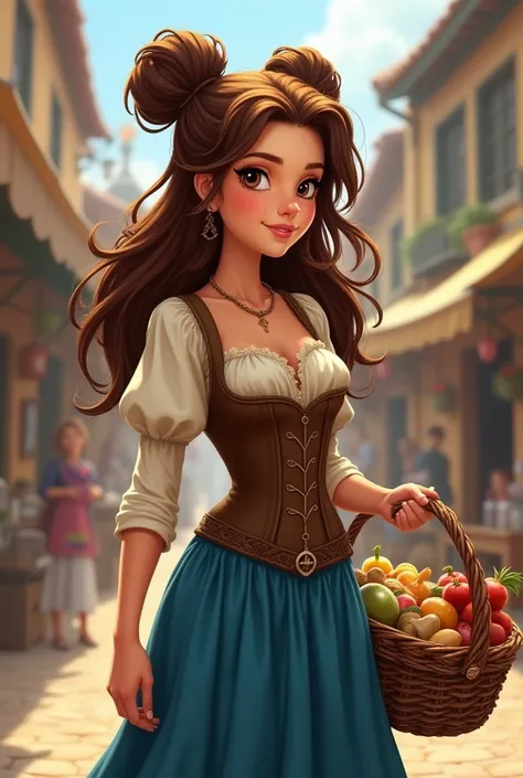 A beautiful adult cartoon woman with long messy flowing brown hair, she has two space buns on the top of her head, she has a closed mouth smile, she is wearing a blue rennaissance skirt with a brown corset top, she is holding a basket full of goodies, she ...