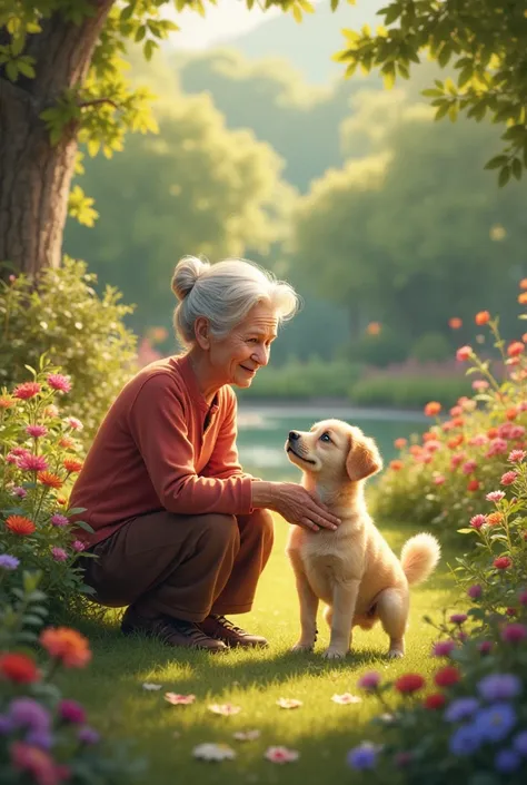 A grand mother with a puppy in her jardin playing  together 