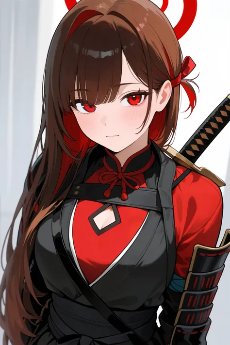 1 girl, Hair length reaches the back, Brown hair and red on the edges of the hair, red eyes, but not bright, wear a sexy samurai outfit, หน้าอกไซส์ปานกลาง, have a red halo