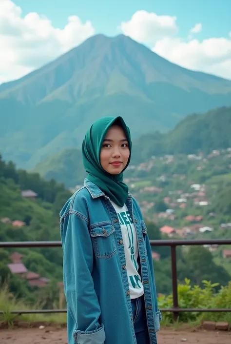 Indonesia gunung dieng 

FotoRealistic close up Seorang wanita muda cantik muda Indonesia mengenakan jilbab kemeja denim warna biru dan kaos oblong putih dengan logo AIREN,celana kargo panjang berpose dengan wajah terfokus ke kamera dengan pemandangan kota...