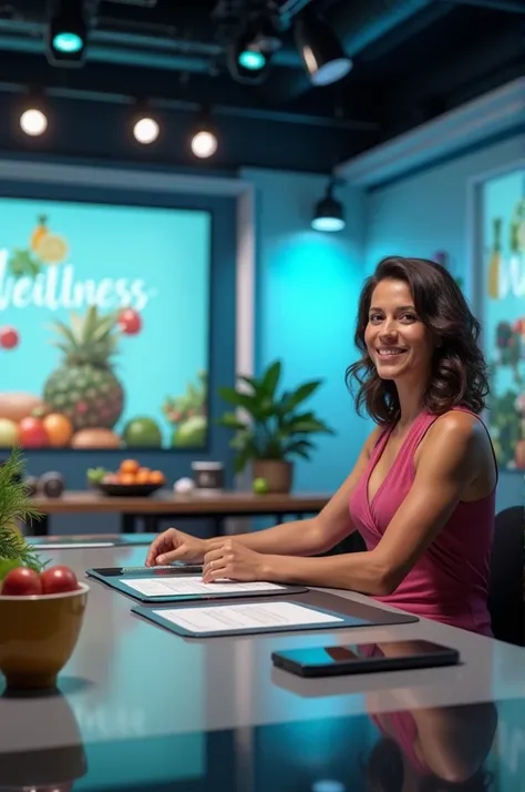 The host is seated at a desk, and some visual content is being shown such as healthy food and exercise equipment