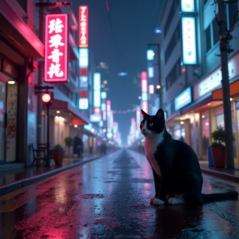 Neko Lofi on one of the very flashy cyberpunk signs of a futuristic Tokyo at night, with neon-lit streets, stately skyscrapers and a noir atmosphere .  The wet pavement reflects the vibrant colors of neon ,  highlighting the science-fiction aesthetic .  A ...