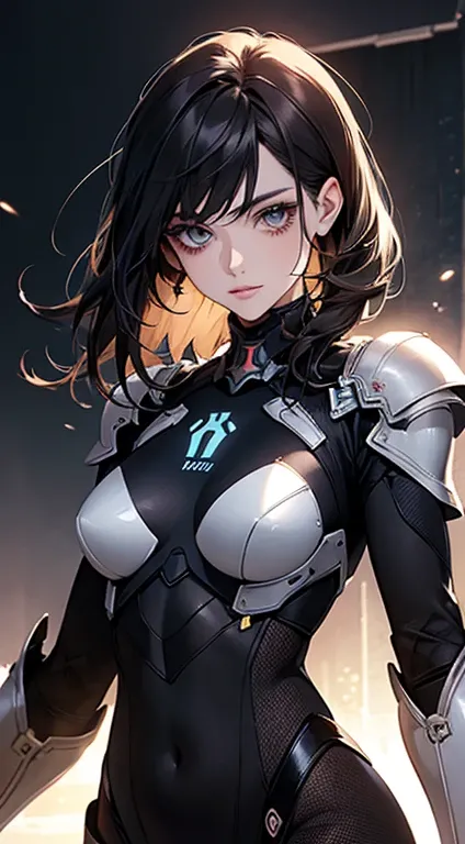 ( Upper body ), (realistic, [anime]), (3d:0.3),  dramatic lighting, (( masterpiece)),(quality),( highres), alta Lady Voidstar, [[ covered abs ]], ((X-Ray Armor|lined bodysuit| power armor white )  mechanical arms ),   long black hair down, [ malicious smil...