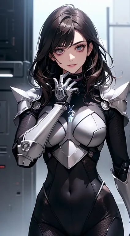 ( Upper body ), (realistic, [anime]), (3d:0.3),  dramatic lighting, (( masterpiece)),(quality),( highres), alta Lady Voidstar, [[ covered abs ]], ((X-Ray Armor|lined bodysuit| power armor white )  mechanical arms ),   long black hair down, [ malicious smil...