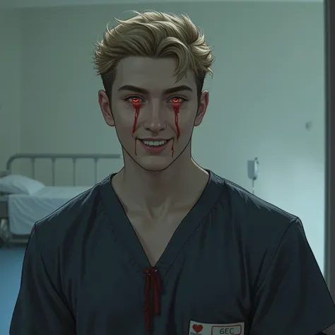 A red-eyed blond Caucasian man, sonrisa carismático y fangs de vampiro con ropa de hospital. smile,  high resolution sweatshirt, Alone,  short hair , Ojos rojos, Teeth, Drawing, fangs.