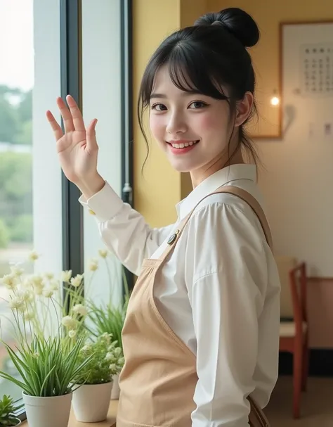 (A super cute Korean daycare teacher waves to kindergarten ren coming home:1.2)(Grinning,smile:1.2)( I'm happy:1.1)(16k,  RAW photos ,  top quality,  Masterpiece: 1.2),( glossy black hair, cute bun hair )  Super Detail,  Super Resolution, (Genuine, Genuine...