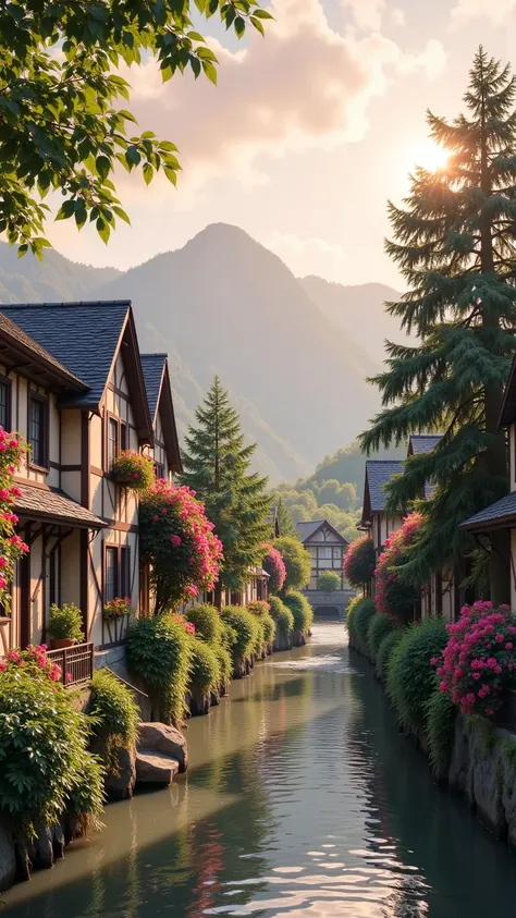 Small village on the river、Mountains in the background々、 colorful flowers々、 detailed landscape 、 beautiful natural scenery、Atmospheric lighting、 Sizzling Sunsets 、 Warm Hues、 realistic、 photorealistic、 detailed leaves 、Complex building、 cobblestone street、...