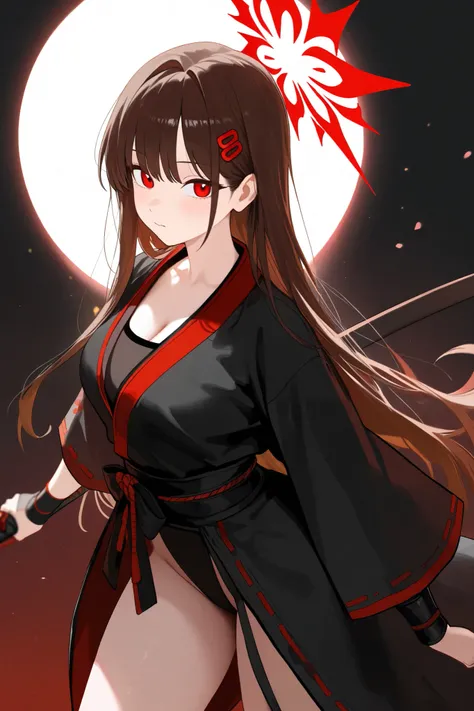 1 girl, Hair length reaches the back, Brown hair and red on the edges of the hair, red eyes, but not bright, wear a sexy samurai outfit, หน้าอกไซส์ปานกลาง, have a red halo