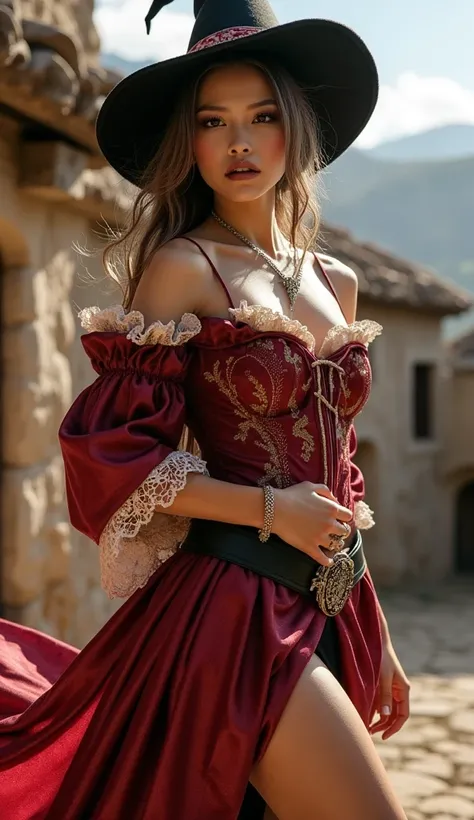 beautiful witch,  perfect anatomy,  Perfect body proportions , intimate, sensual, feminine, Open, juicy, erotic, flirtatious, Alluring, movie atmosphere, a windy day ,  medieval town , Medieval fabric,  Sunny,  lots of sun  