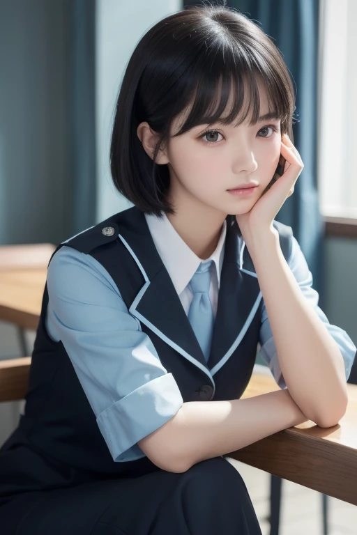 ( Highest Resolution , clear_ images) best quality , single person , one woman, Alone, Masterpiece, very detailed, semi-realistic , Short Black Hair , black hair, bangs, 18 years old, mature, light blue uniform, uniform, Indoor Background, kind, Dignified,...