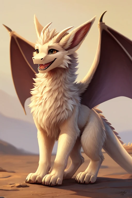 furry art, feral, furred dragon, female, white fur, wings, big ears, four ears, multiple ears, horns, tail, chest fluff, paws, fangs, stubby muzzle, tubby, happy, content, standing on all fours