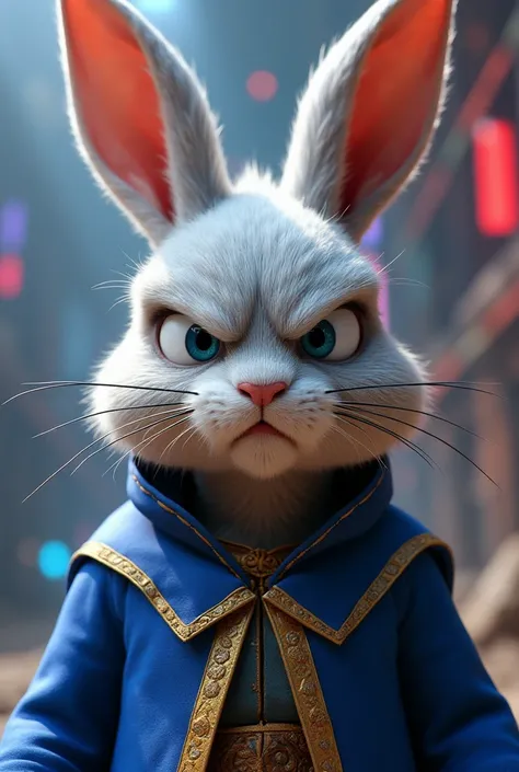 Sonic movie ,Male gender rabbit,light grey fur, blue eyes,dressed in a blue tunic with golden touches,Angry old man 